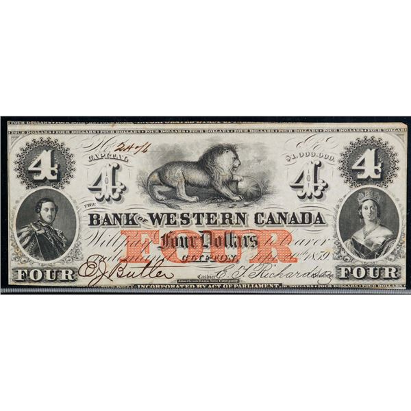 The Bank of Western Canada 1859 $4 #2476 CH-795-10-12 CCCS Choice Very Fine-30