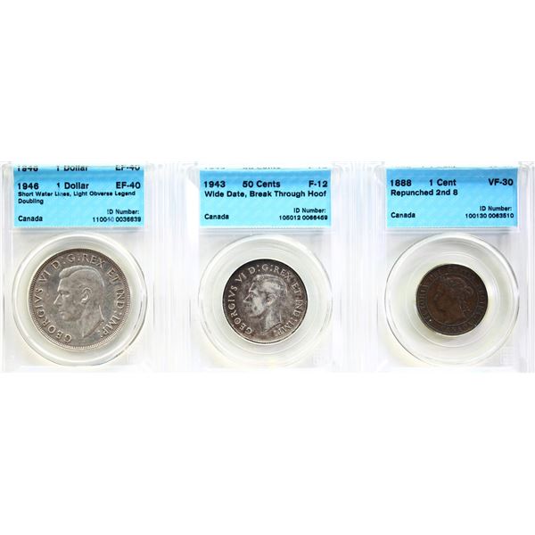 Error;  1888 1¢ Repunched 2nd 8 VF30, 1943 50¢ Wd Date w/Break Through Hoof F12 & 1946 $1 SWL w/Ligh