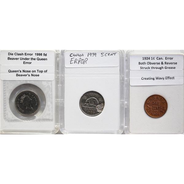 Error;  1924 1¢ Struck through Grease, 1939 5¢ Defective Planchet & 1998 5¢ Doubling on Obv.  Lot of