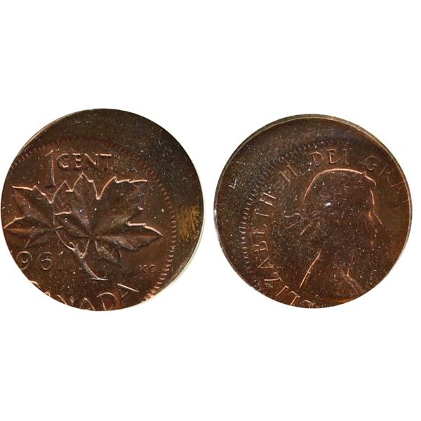 Error;  1961 1¢, CCCS MS64RB.  Struck Off-Centre 20% w/Cap strike details.