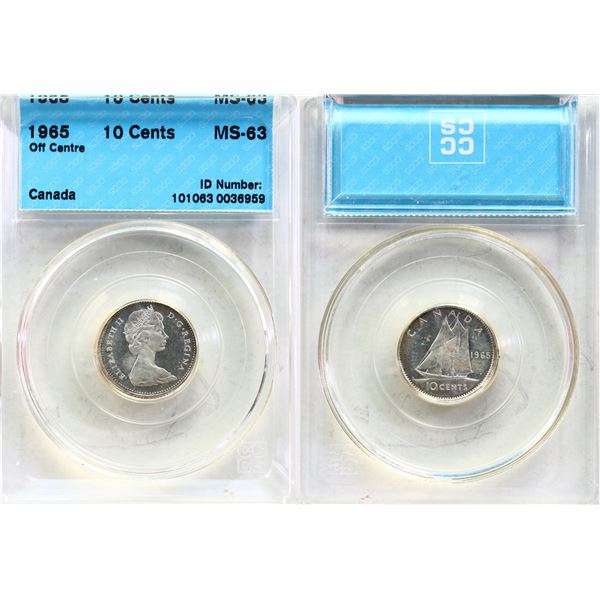 Error;  1965 10¢, CCCS MS63.  Off Centre Strike.