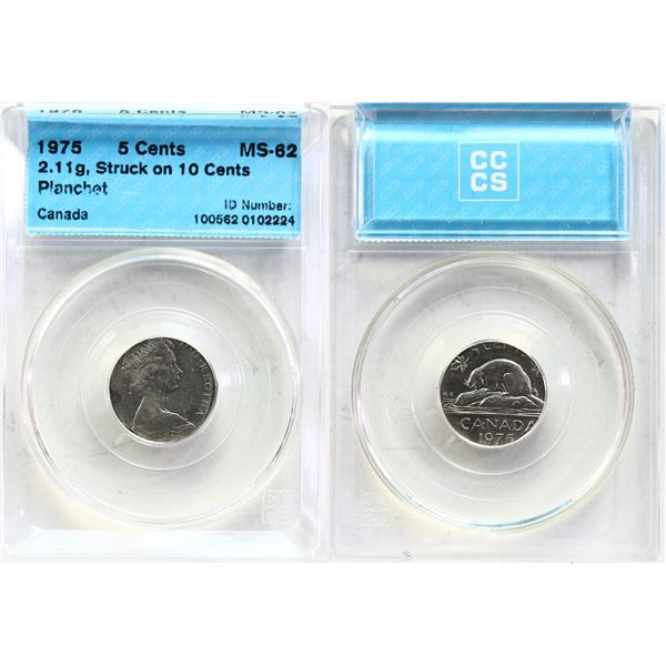 Error;  1975 5¢, CCCS MS62.  Struck on 10¢ planchet, weighs 2.11 grs.