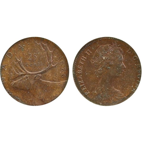 Error;  1986 25¢, CCCS MS60.  Struck on 1¢ planchet, weighs 2.53 grs.