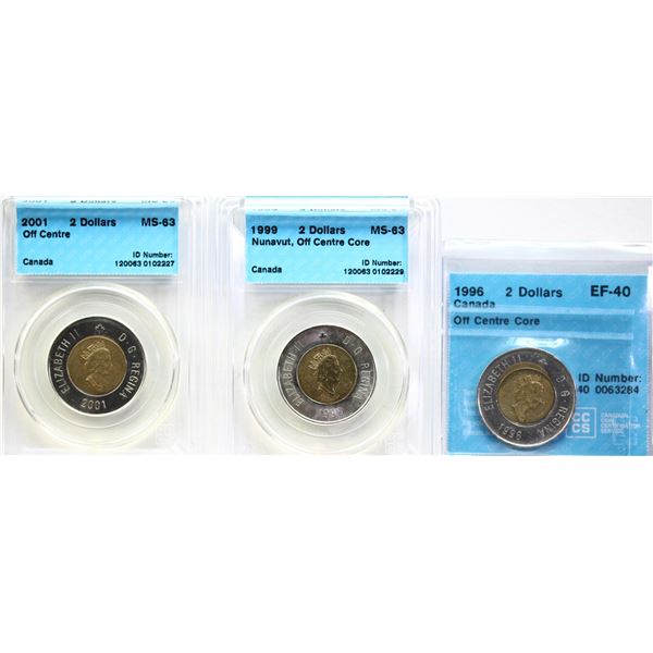 Error;  1996 $2 EF40, 1999 MS63 & 2001 all both w/w/Off Centre Core.  Lot of 3 CCCS Graded Coins.