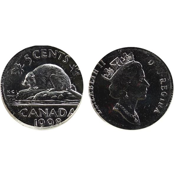 Error;  1998 5¢, CCCS MS64.  Struck on 10¢ planchet.