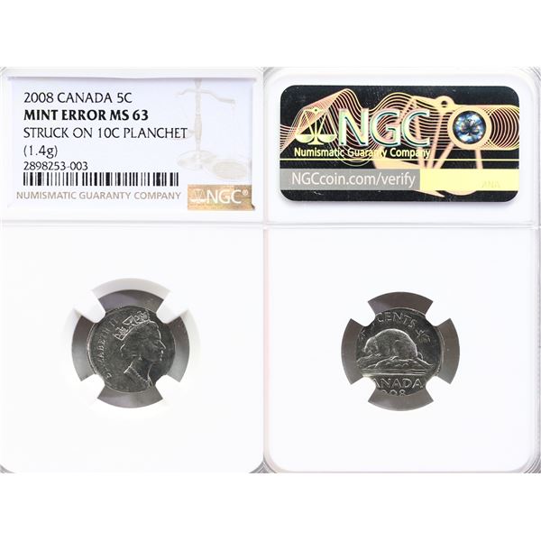 Error;  2008 5¢, NGC MS63.  Struck on 10¢ planchet, weighs 1.4 grs.
