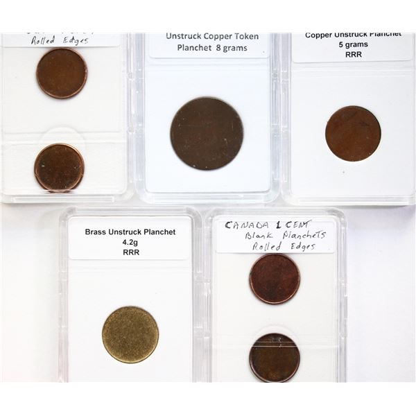 Error;  Blank Planchet Coins, includes Copper and Brass issues of different denominations.  Lot of 7