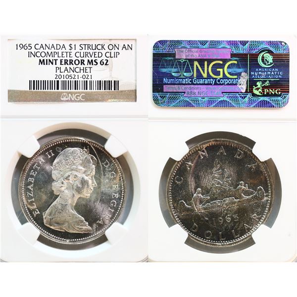 Error; 1965 $1 "Struck on an incomplete curved Clip planchet" NGC MS62