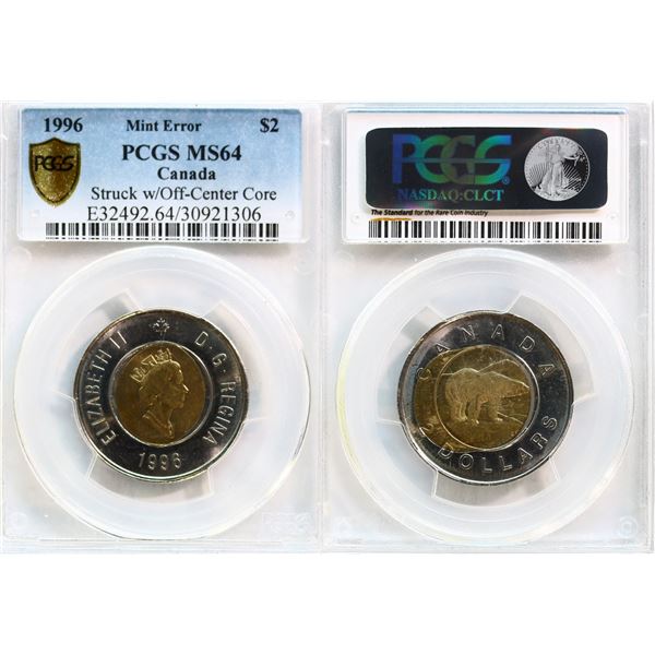 Error; 1996 $2 "Struck w/Off-Center Core" PCGS MS64