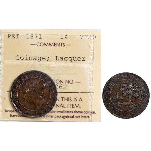 PEI;  1871 1¢ Coinage, Lacquer ICCS Choice Very Fine-30.