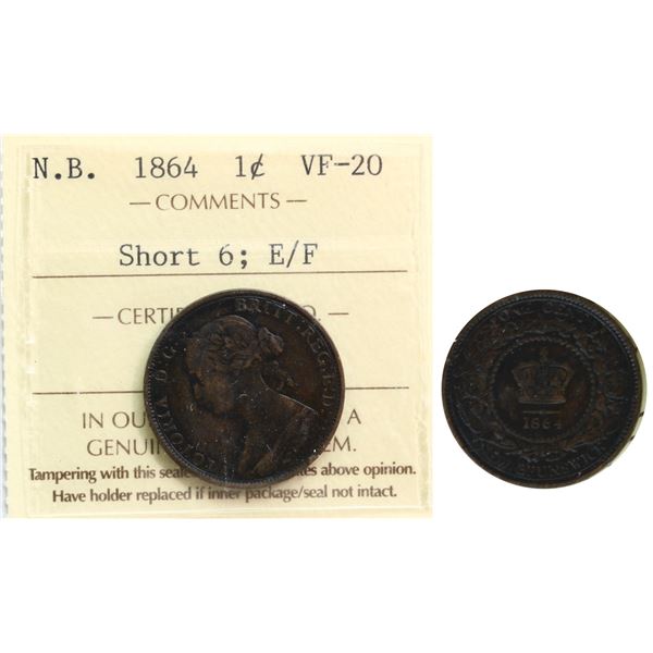 N.B. 1864 1¢ "Short 6; E/F" ICCS Very Fine-20.  Scarcer variety.