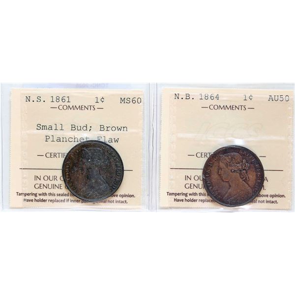 N.B. 1864 1¢ ICCS About Uncirculated-50, N.S.1861 1¢ "Small Bud" ICCS Mint State-60 Planchet flaw, L