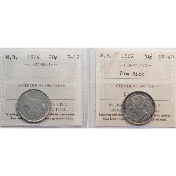 N.B; 1862 20¢ "Rim Nick", 1864.  Lot of 2 coins ICCS Fine-12 to Extra Fine-40