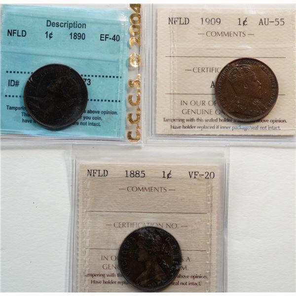 Nfld 1885 1¢, 1890, 1909.  Lot of 3  coins certified  Very Fine-20 to Choice About Uncirculated-55