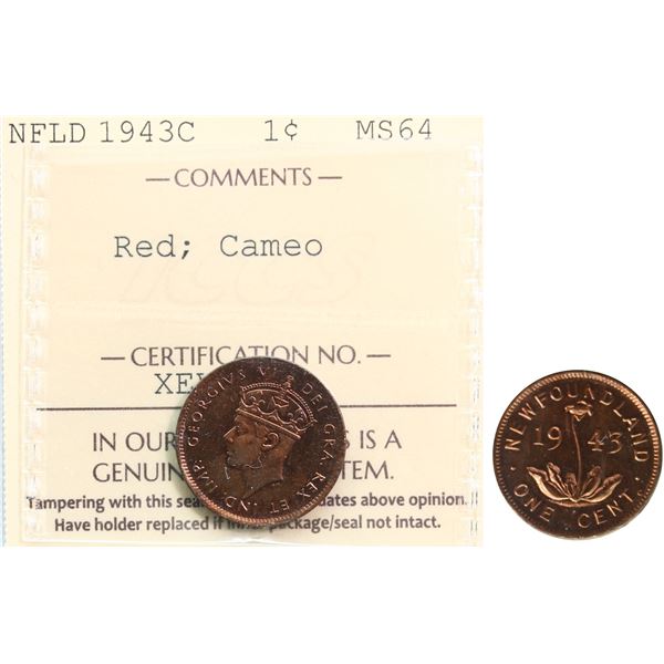 Nfld; 1943-C 1¢ ICCS Choice Mint State-64 Red Cameo