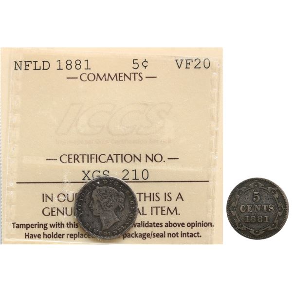 Nfld; 1881 5¢ ICCS Very Fine-20