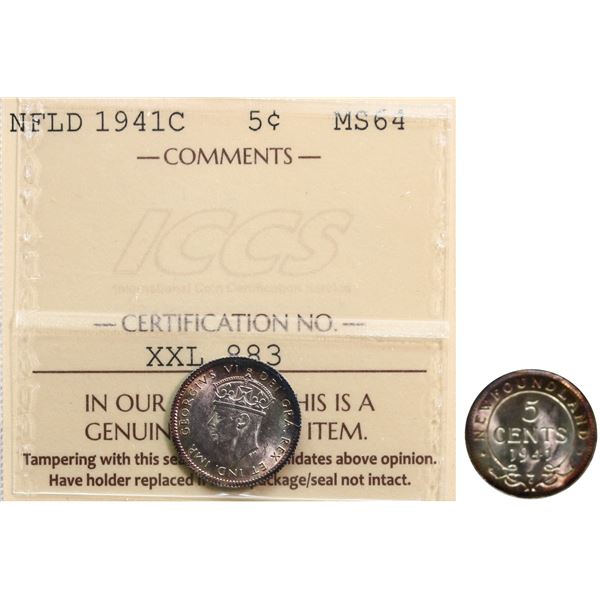 Nfld; 1941-C 5¢ ICCS Choice Mint State-64