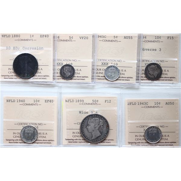 Nfld; 1880 1¢ RO ED, corrosion ICCS Extra Fine-40, 1896 5¢ ICCS Very Fine-20, 1945C 5¢ ICCS Choice A