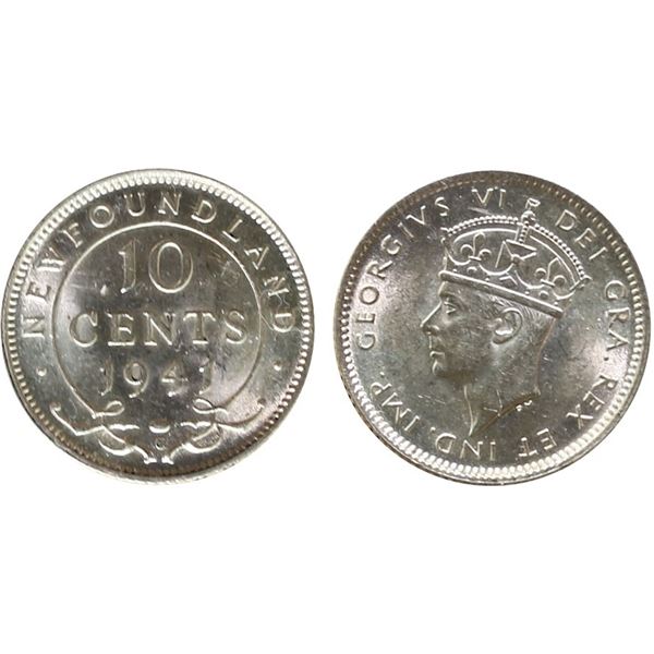 Nfld; 1941-C 10¢ ICCS Choice Mint State-64 Blast white example.