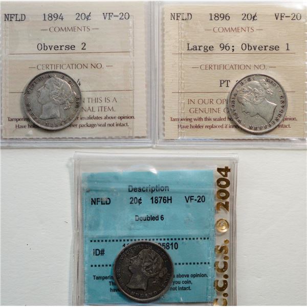 Nfld; 1876H 20¢ "Dbl 6", 1894 "Obv 2", 1896 "Lg 96 ;Obv1".  All 3 coins certified  Very Fine-20