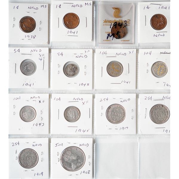 Nfld; 1938 1¢ to 1943(4), 5¢ 1941c, 1945c, 10¢ 1941c, 1943c(2), 1945c, 25¢ 1917c(2), 1919c & 50¢ 190