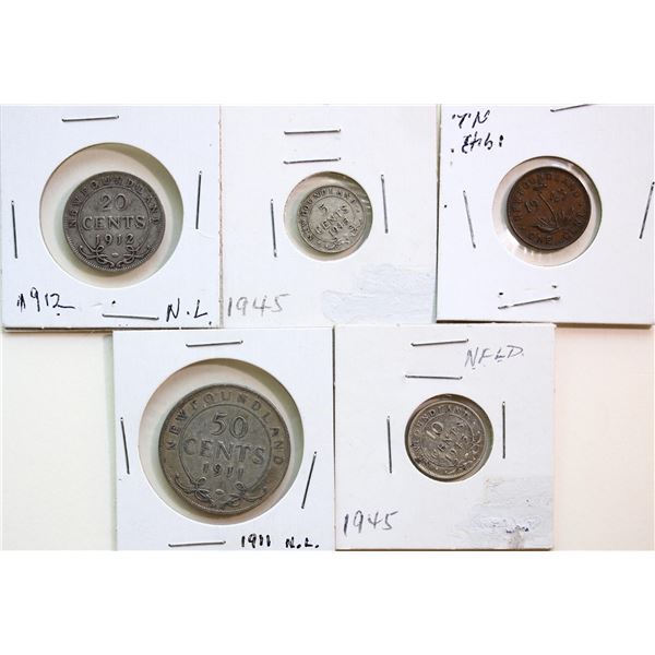 Nfld; 1943 1¢, 1945-C 5¢, 1945-C 10¢, 1912 20¢, 1911 50¢.  Lot of 5 coins VG to VF.