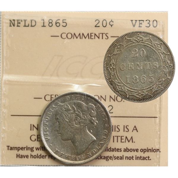 Nfld; 1865 20¢ ICCS Choice Very Fine-30