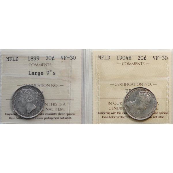 Nfld; 1899 20¢ "Lg 9's", 1904H.  Both coins ICCS Choice Very Fine-30