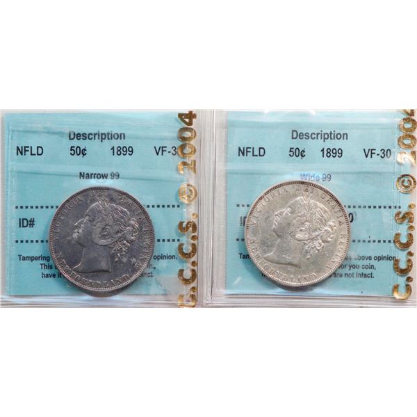 Nfld; 1899 50¢ "Narrow 99", 1899 "Wide 99".  Both coins ICCS Choice Very Fine-30