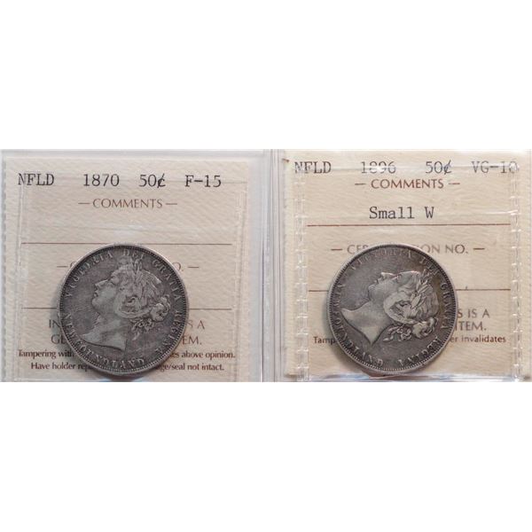 Nfld; 1870 50¢, 1896 "Sm W".  Both coins ICCS Very Good-10 to Choice Fine-15