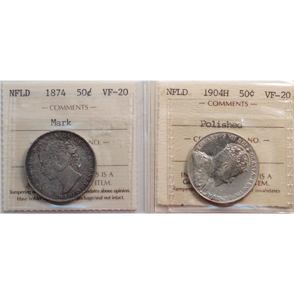 Nfld; 1874 50¢, 1904H.  Both coins ICCS Very Fine-20 with issues