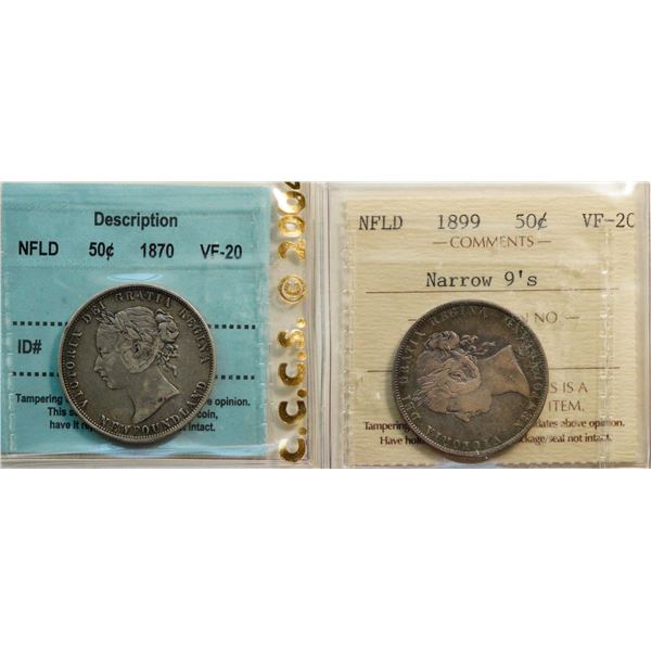 Nfld; 1870 50¢, 1899 "N9's".  Both coins ICCS/CCCS  Very Fine-20
