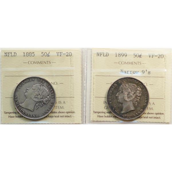 Nfld; 1885 50¢, 1899 "N9's".  Both coins ICCS Very Fine-20