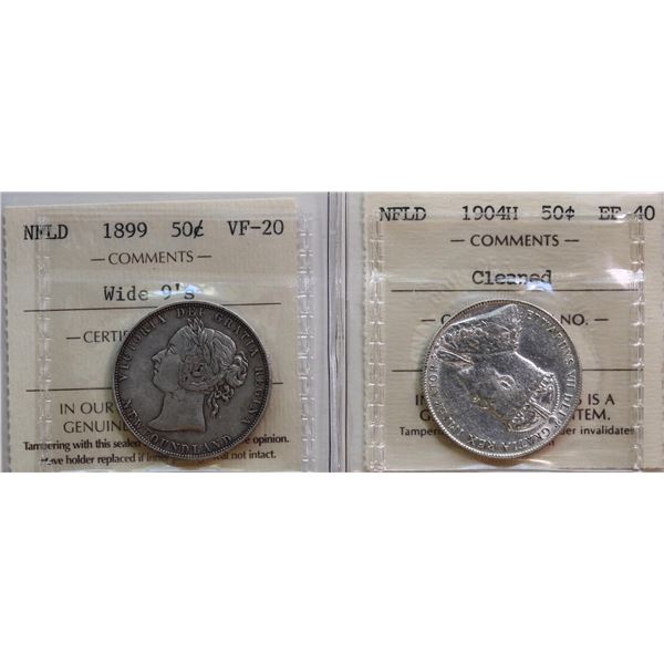 Nfld; 1899 50¢ "W 9's", 1904H Cleaned.  Both coins ICCS Very Fine-20 & Extra Fine-40