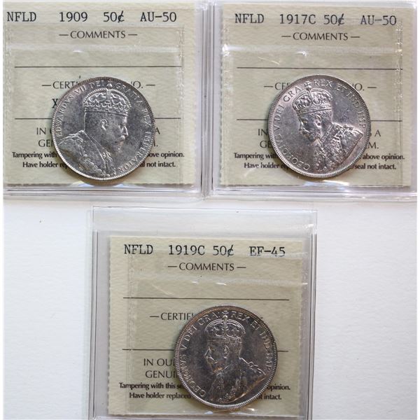 Nfld; 1909 50¢, 1917C, 1919C.  Lot of 3 coins ICCS Extra Fine-45 to About Uncirculated-50