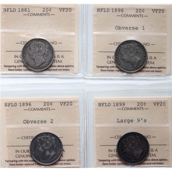 Nfld; 1881 20¢, 1896 20¢ Obv1, 1896 20¢ Obv 2, 1899 20¢ Lg 9's, lot of 4 coins ICCS graded Very Fine