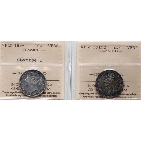 Nfld; 1896 20¢ "Obv 1" 1919C 25¢, both coins ICCS graded Choice Very Fine-30