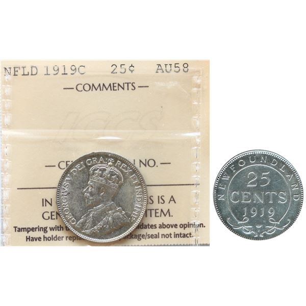 Nfld; 1919C 25¢ ICCS About Uncirculated-50, Lustrous.