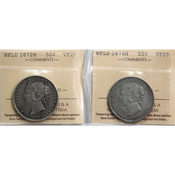 Nfld; 1872H 50¢, 1876H, Both coins ICCS Very Fine-20