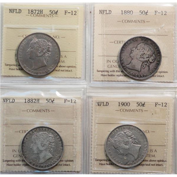 Nfld; 1872H 50¢, 1880, 1882H, 1900.  Lot of 4 coins all certified ICCS Fine-12