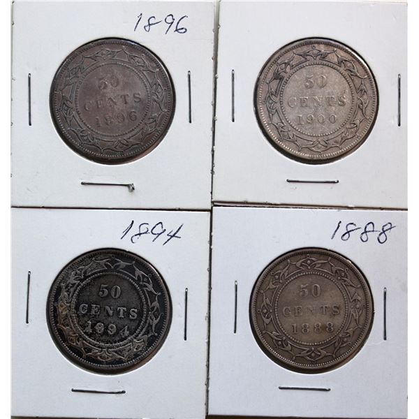 Nfld; 1888 50¢, 1894, 1896, 1900, Lot of 4 coins Fine to Fine+.