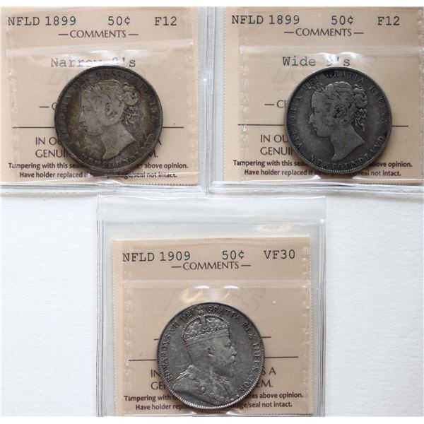 Nfld; 1899 50¢ Narrow 9's ICCS Fine-12, 1899 50¢ Wide 9's ICCS Fine-12, 1909 50¢ ICCS Choice Very Fi