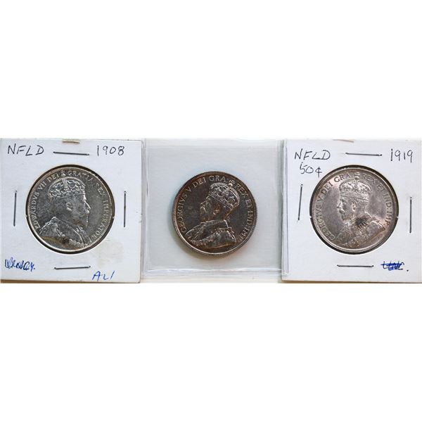 Nfld; 1908 50¢, 1918, 1919 Lot of 3 coins EF-AU or better..