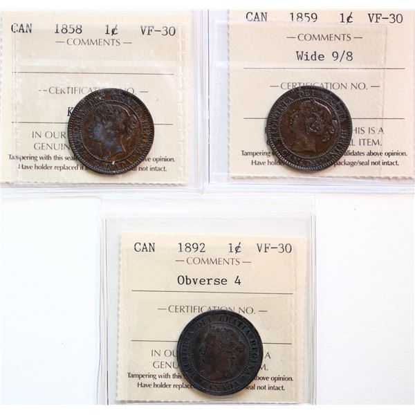 1858 1¢, 1859 " W9/8", 1892 "Obv.4".  Lot of 3 coins all ICCS Choice Very Fine-30