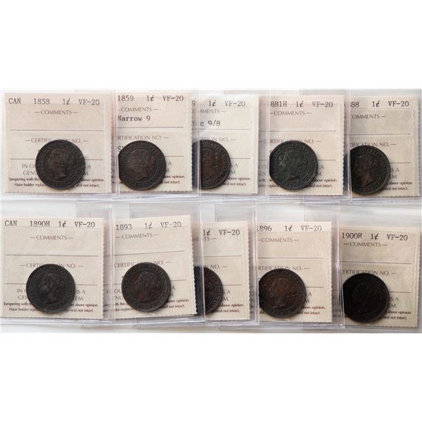 1858 1¢, 1859 "N9", 1859 "W 9/8", 1881H, 1888, 1890, 1893, 1895, 1896, 1900H. All 10 coins ICCS grat