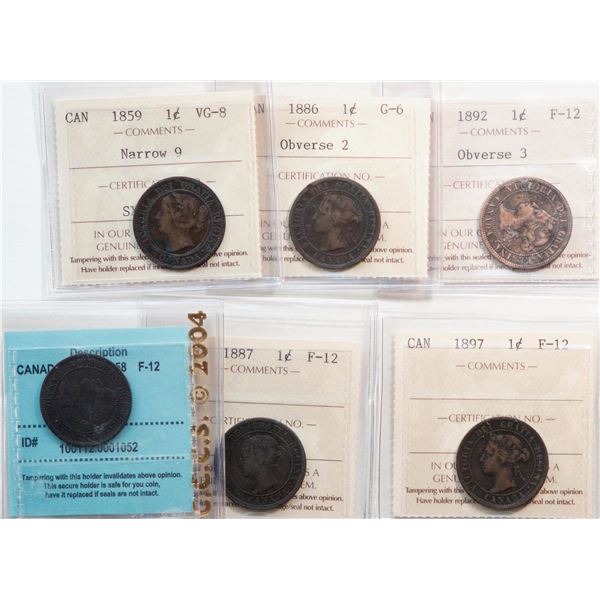 1858 1¢, 1859 "N9", 1886 "Obv2", 1892 "Obv.3", 1887, 1897. All 6 coins certified Good-6 to Fine-12