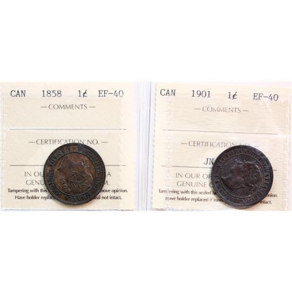 1858 1¢, 1901.  Both coins ICCS Extra Fine-40