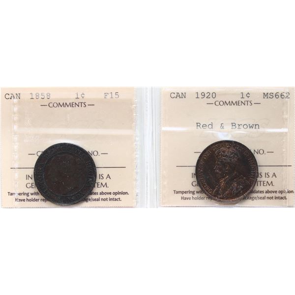 1858 1¢, 1920 Both coins ICCS Choice Fine-15 & Choice Mint State-62 RB respectively.