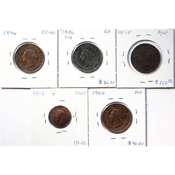 1858-1948 1¢ Lot of 5 coins Good to AU.