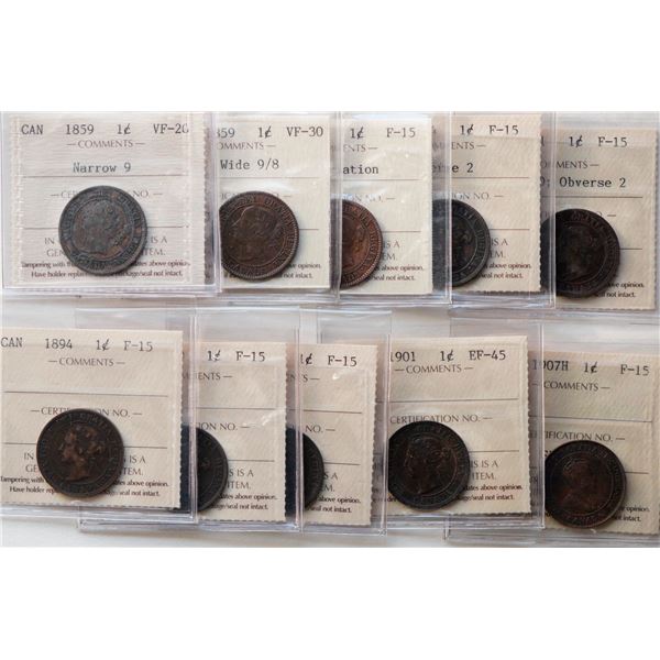 1859 1¢ "N9", 1859 "W9/8", 1859 "DP N9",1884 "Obv2",1891 "LL LD; Obv. 2"1894, 1899, 1900, 1901, 1907